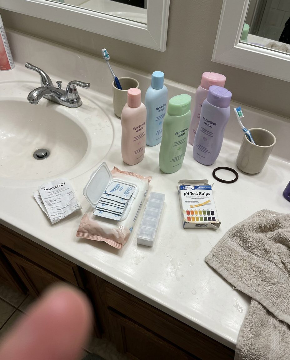 Feminine washes, wipes and pH strips crowded on a bathroom counter