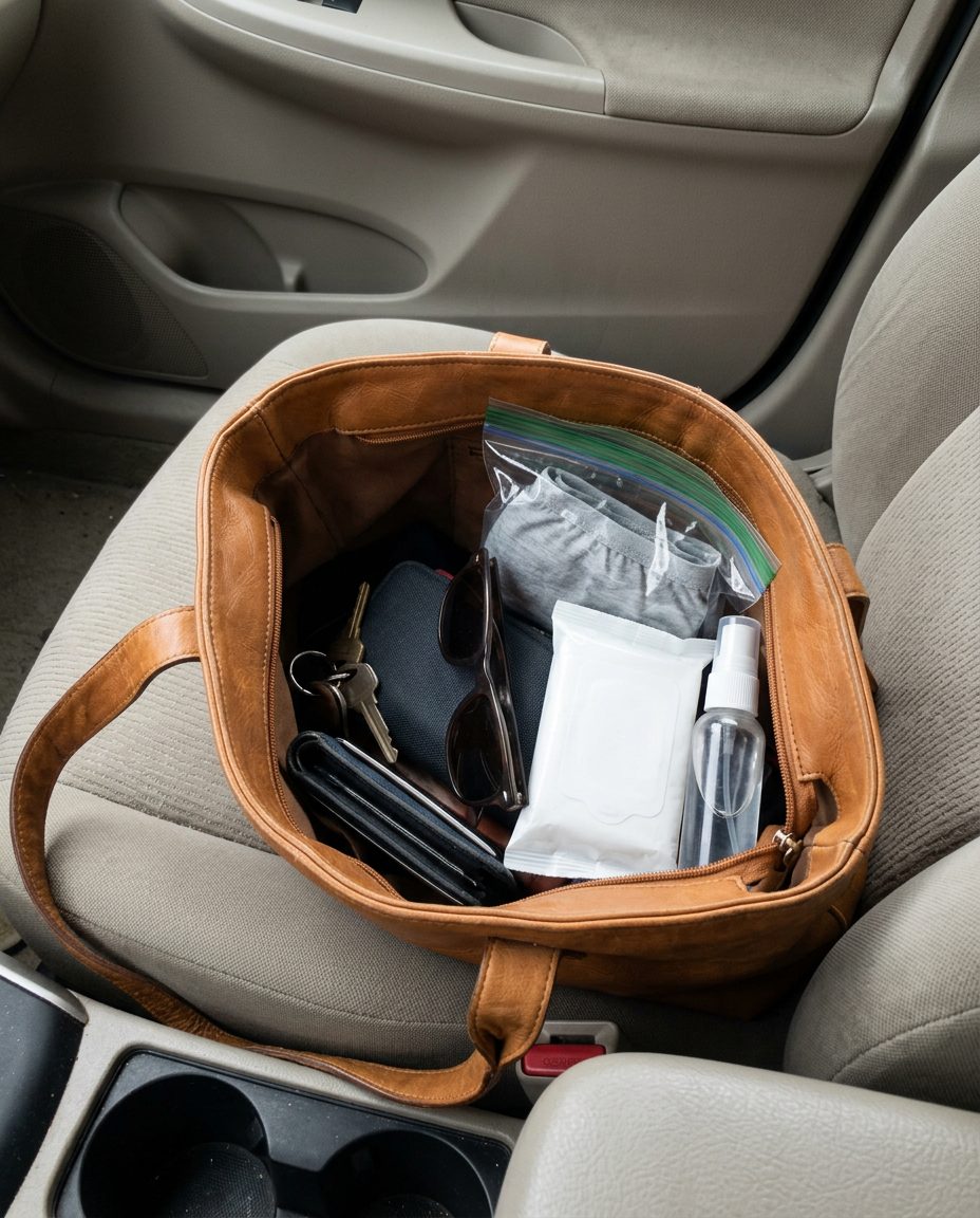 An open purse with a pack of wipes tucked inside