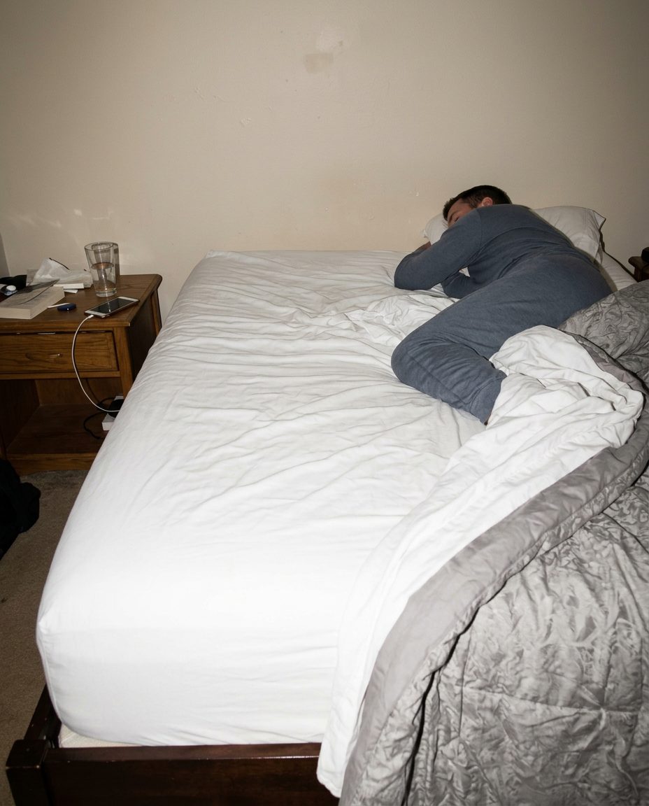 A bed at night with one person asleep near the far edge