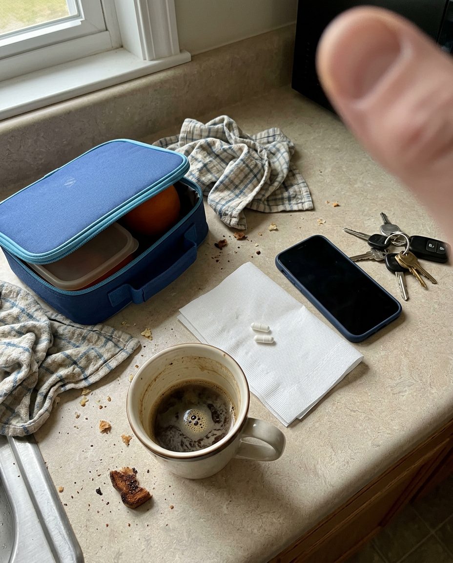 Two white capsules on a napkin next to a morning cup of coffee