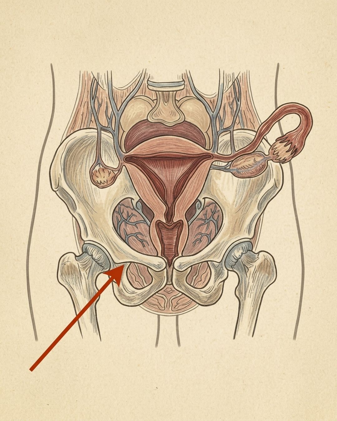 An anatomy illustration of the female pelvis with a red arrow pointing to the vagina