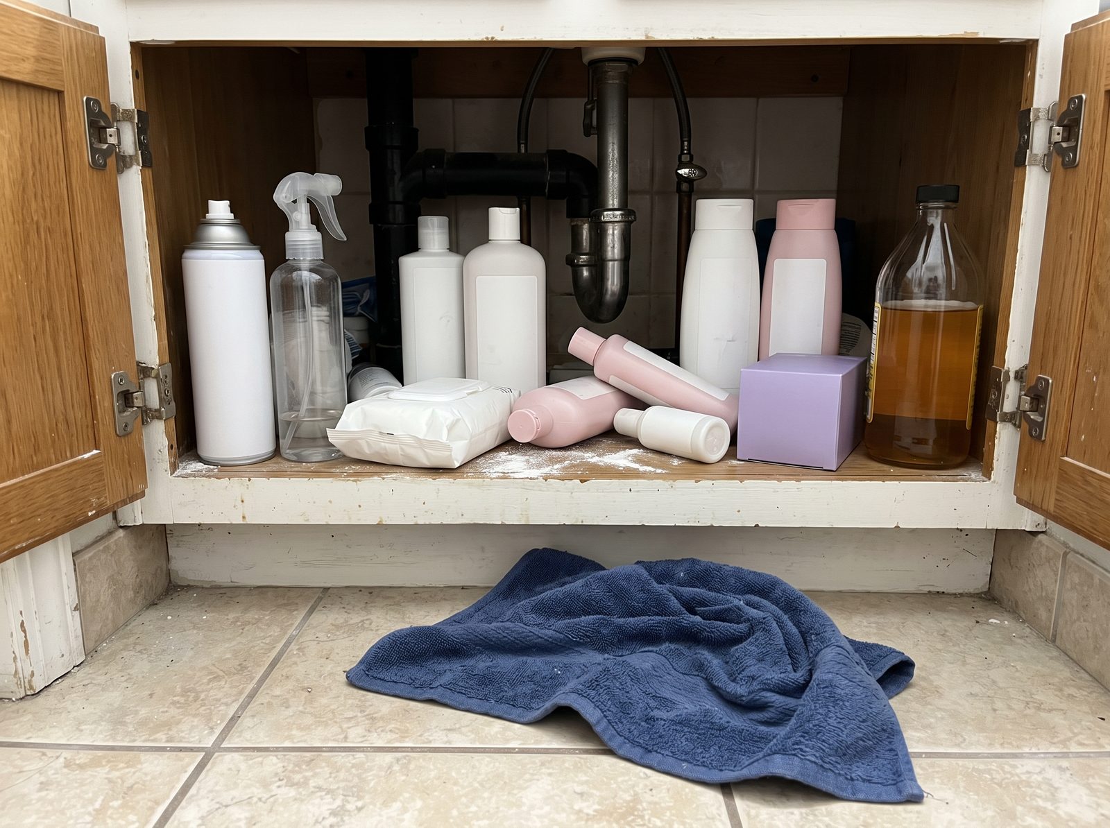 An open bathroom cabinet under the sink crowded with half-used washes, wipes, sprays and bottles