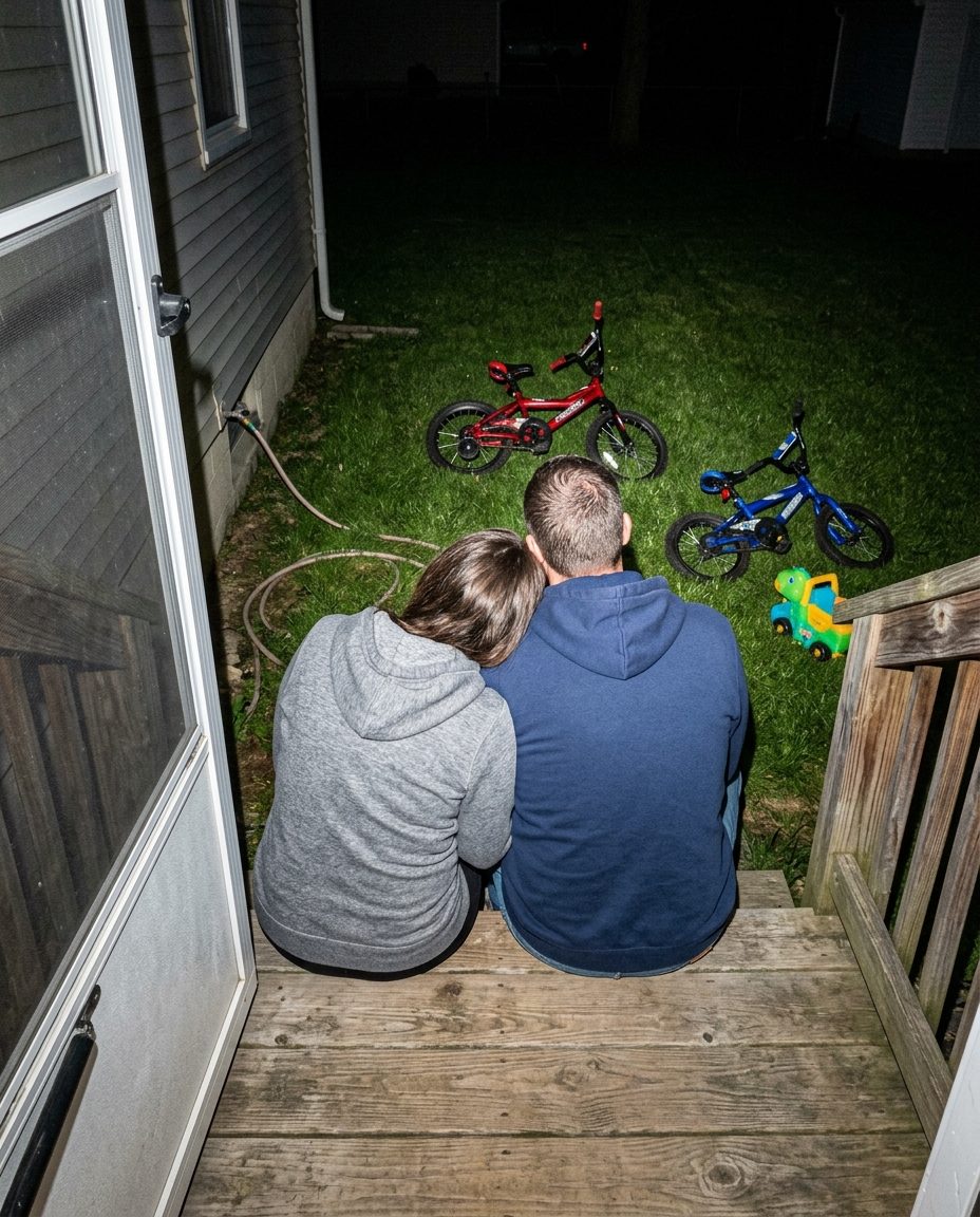 A couple sitting close on the back steps at night, kids' bikes on the lawn