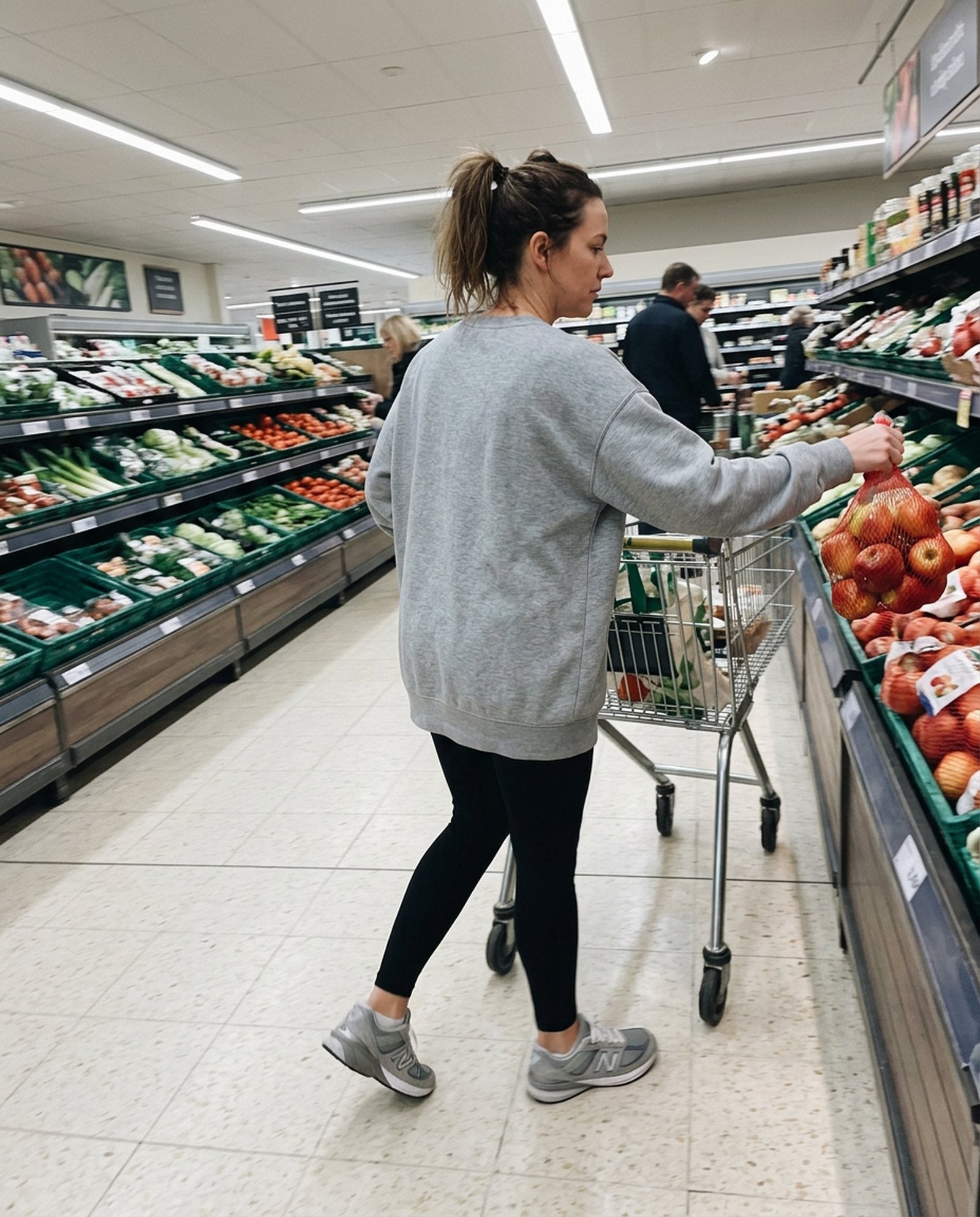 A woman in a grey sweatshirt and black leggings reaching for a bag of apples in the produce aisle, her cart beside her