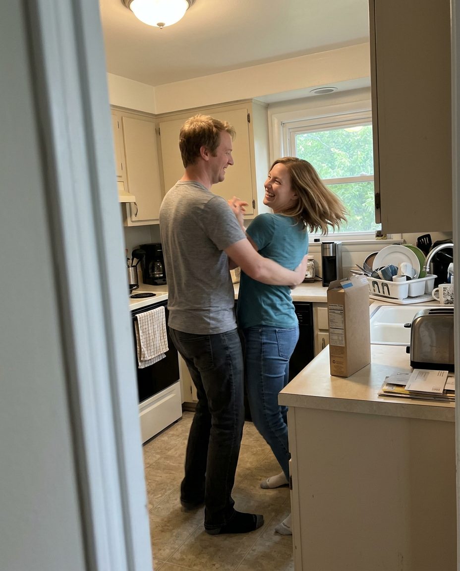 A laughing couple slow dancing in their kitchen