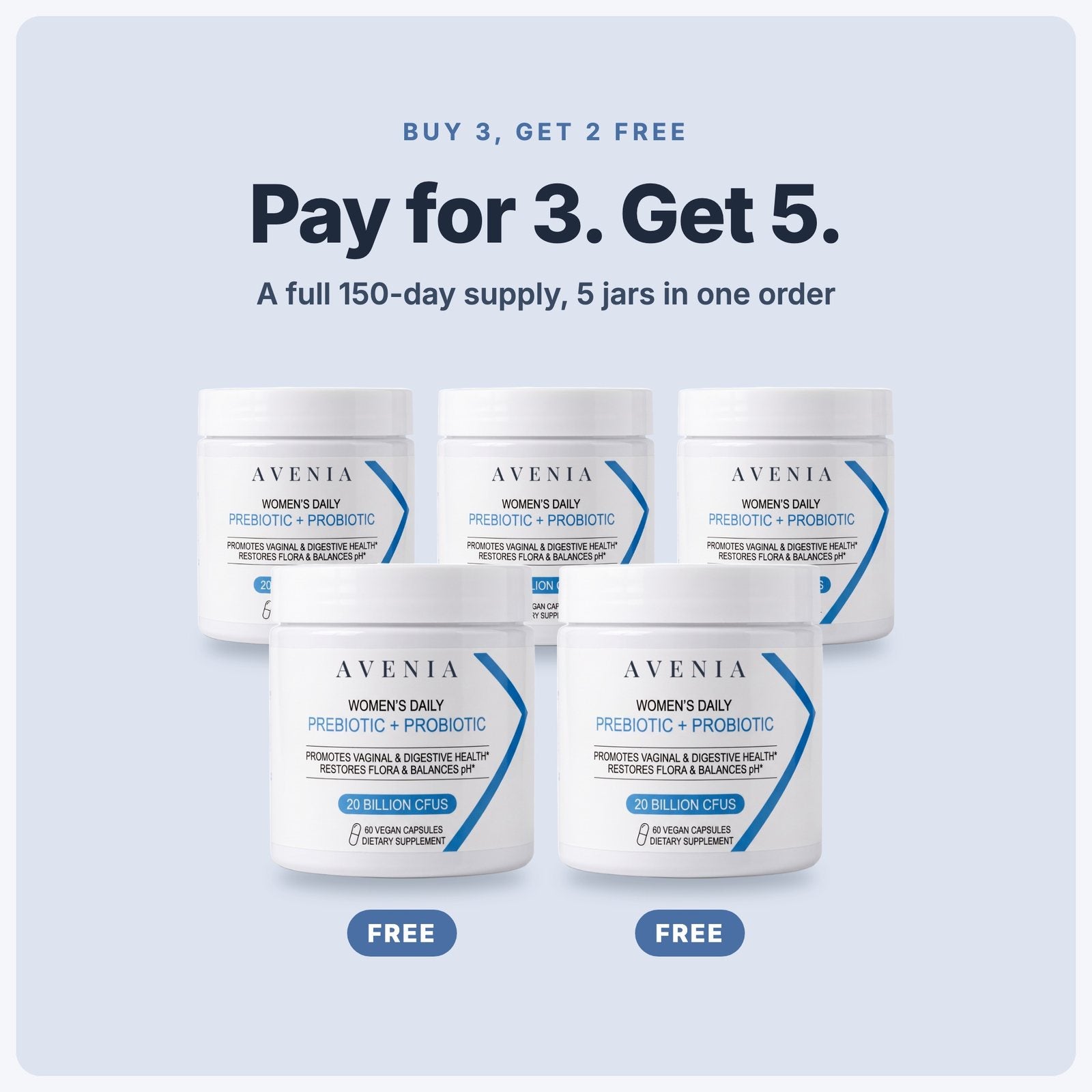 Five jars of AVENIA, two marked free