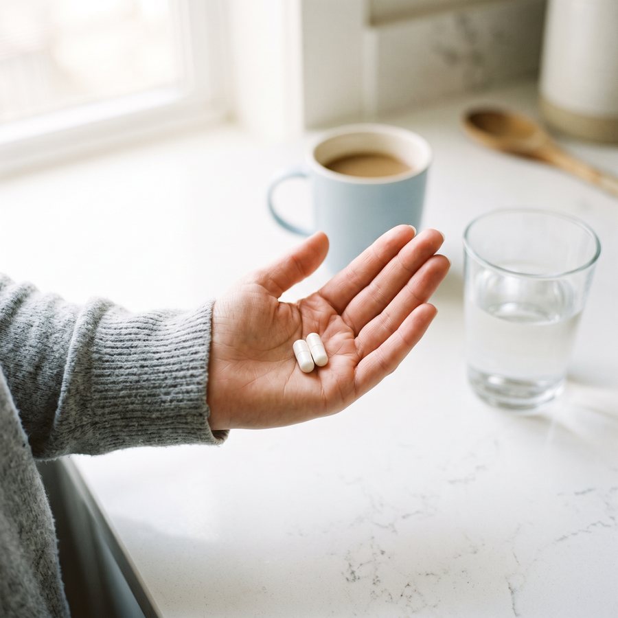 A hand holding two AVENIA capsules next to a glass of water and a morning coffee
