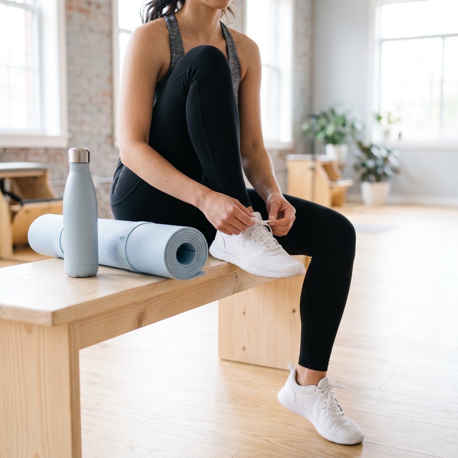 A woman in leggings tying her sneakers at the gym