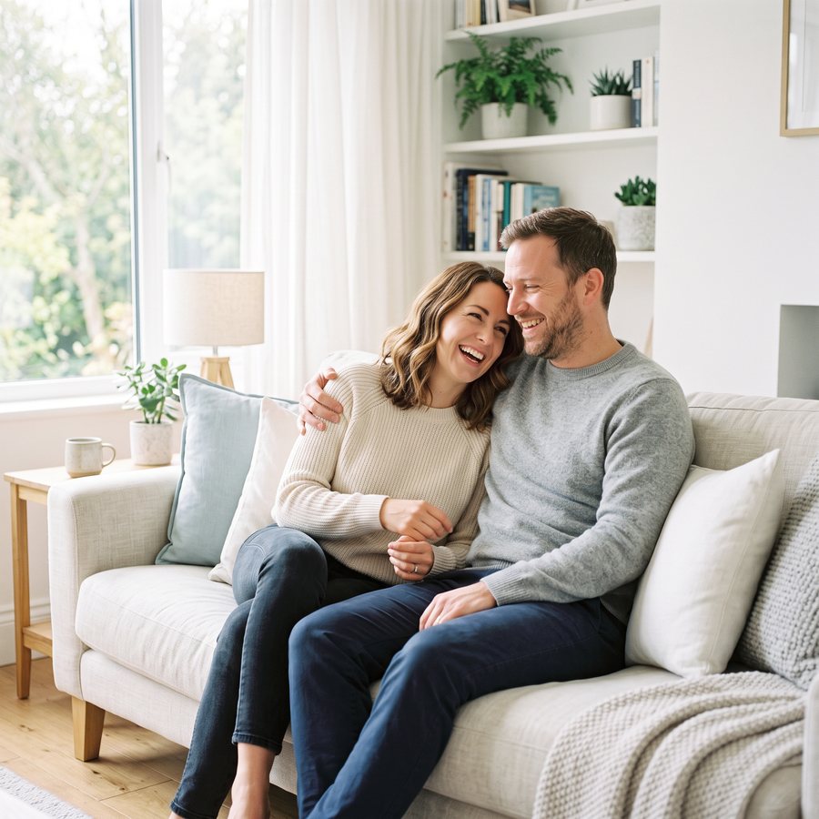 A couple laughing together on the couch