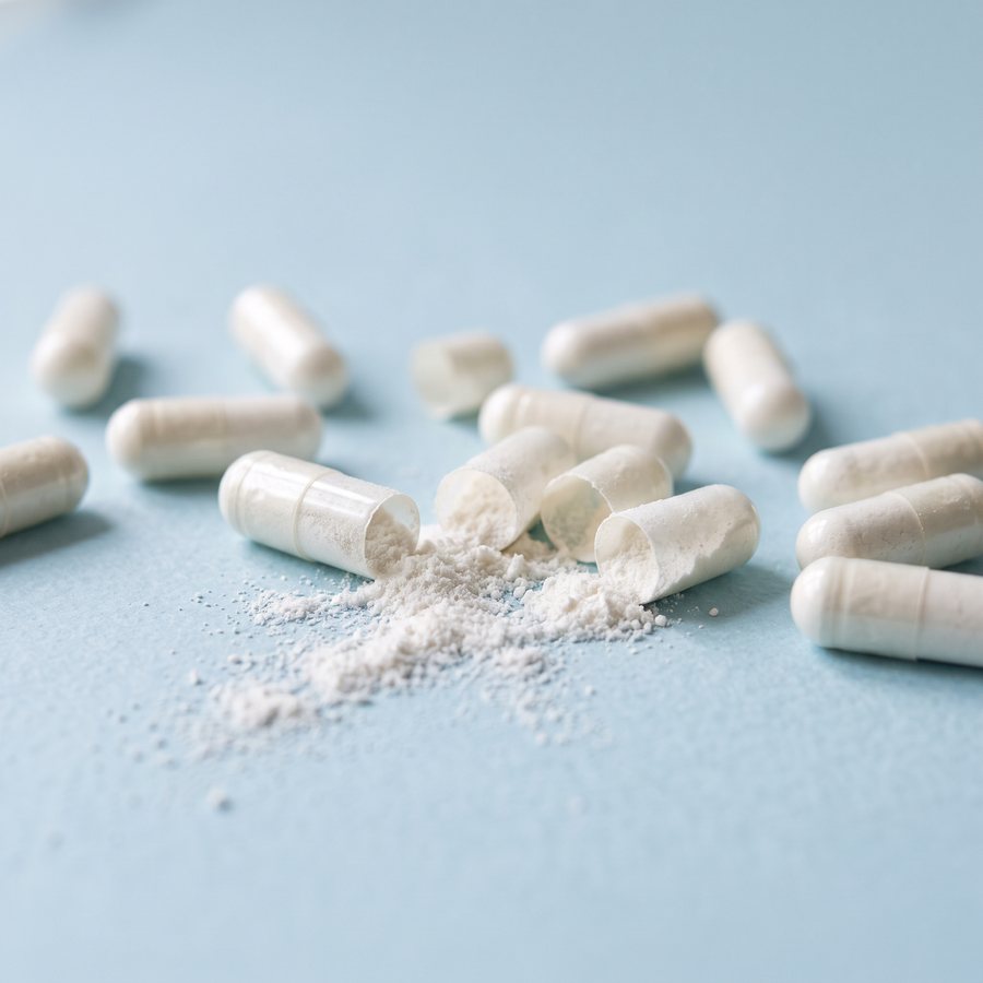 Open probiotic capsules with fine white powder
