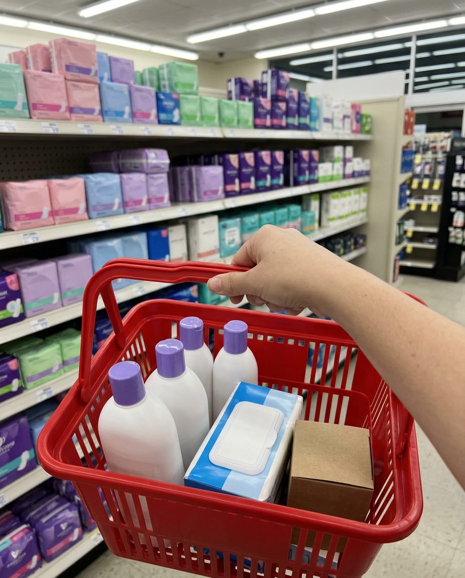A shopping basket full of feminine washes in a pharmacy aisle
