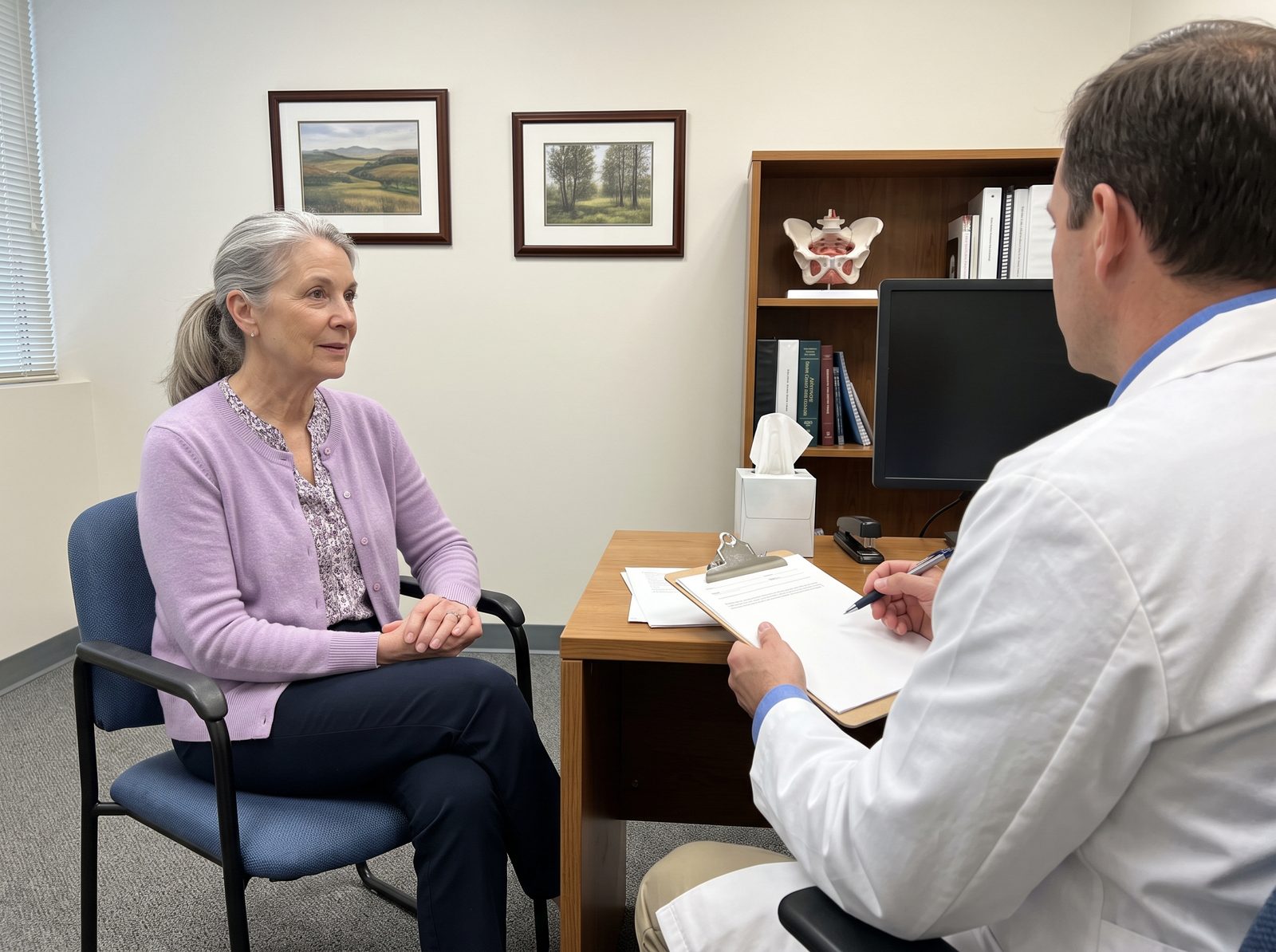 A woman in her sixties with grey hair talks with a doctor in a white coat in a quiet consultation office