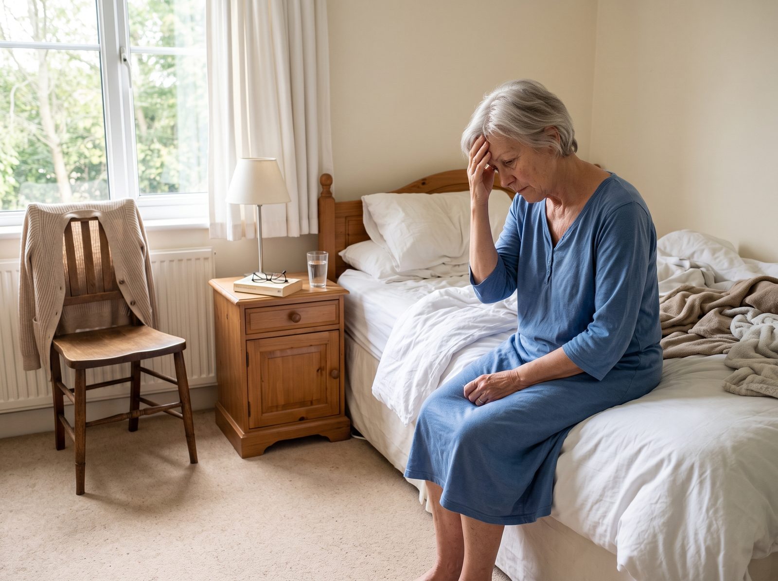A woman in her late sixties with silver hair sits on the edge of her bed in the morning, hand on her forehead