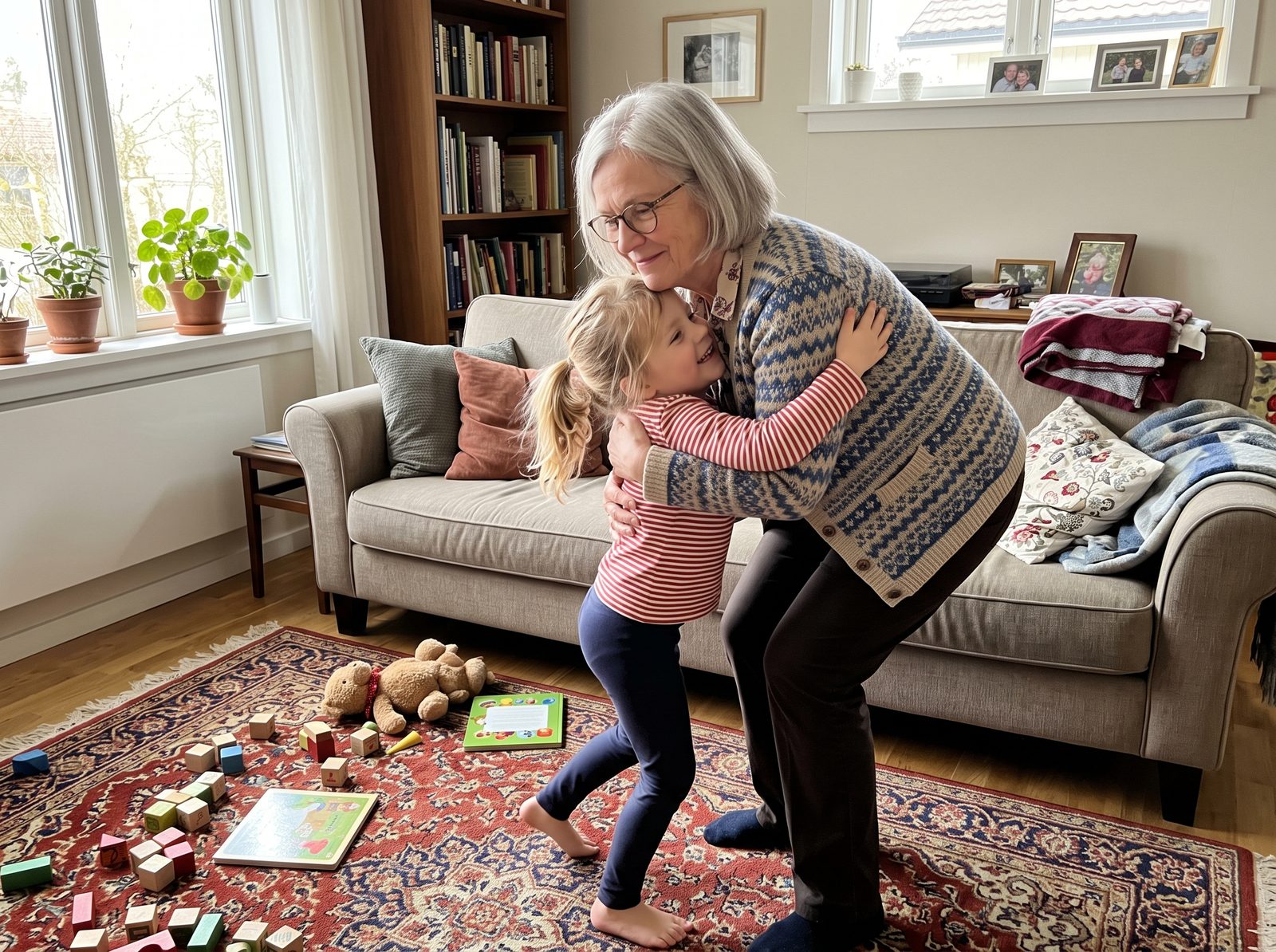 A grandmother hugs her granddaughter in the living room