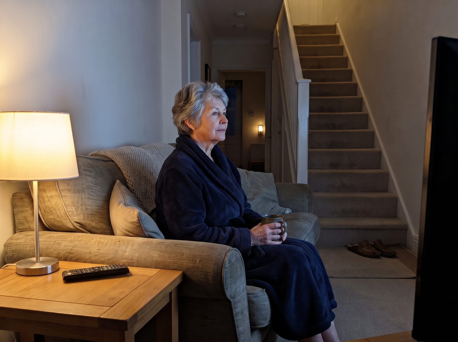 An older woman in a bathrobe sits alone on the couch late at night, her husband's slippers at the foot of the stairs
